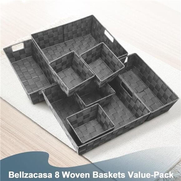 Woven Storage Baskets Set of 8 Grey Organizer Bins for Closet Shelf Office - Picture 7 of 8